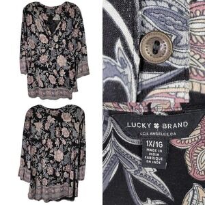 Lucky Brand Top Shirt Womens Boho Floral Printed Blouse Plus Size 1X Black